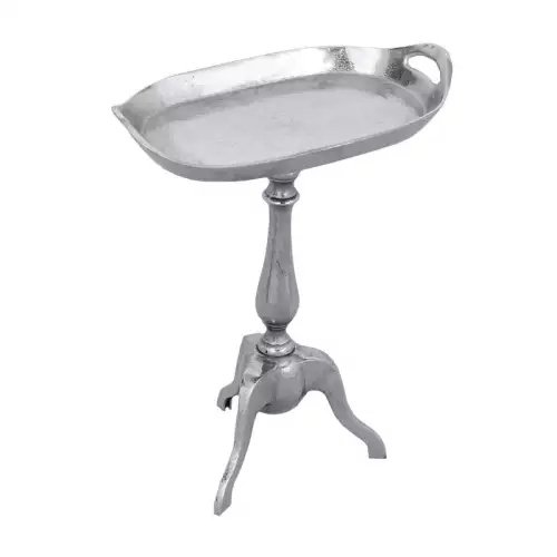 Tablett 48x48x59cm Oval mit Ständer drei Beine Silber roh Metall