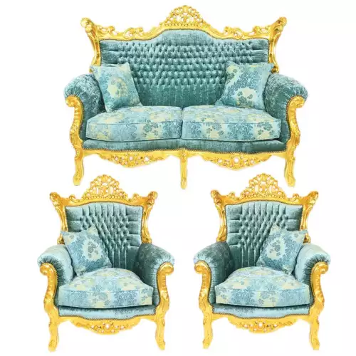 rolandk-wohnen Barocksofaset royal lyse goud-premium turquoise  mit edlem Muster (SV1735)