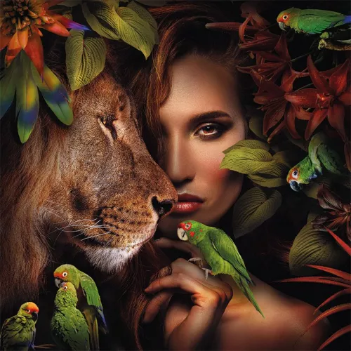 Woman with Lion and Parrots 80x80cm