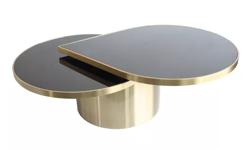 Couchtisch Drop aus Edelstahl, gebürstetes Champion-Gold mit schwarzem Glas
